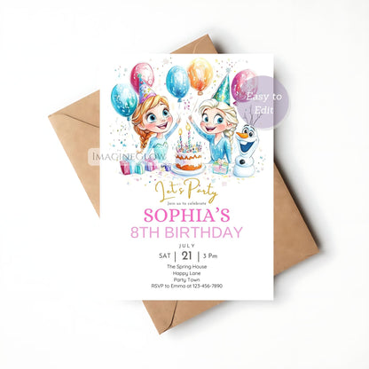 Charming Frozen birthday invitation featuring Olaf
Snow princess birthday invitation with Arendelle vibe
