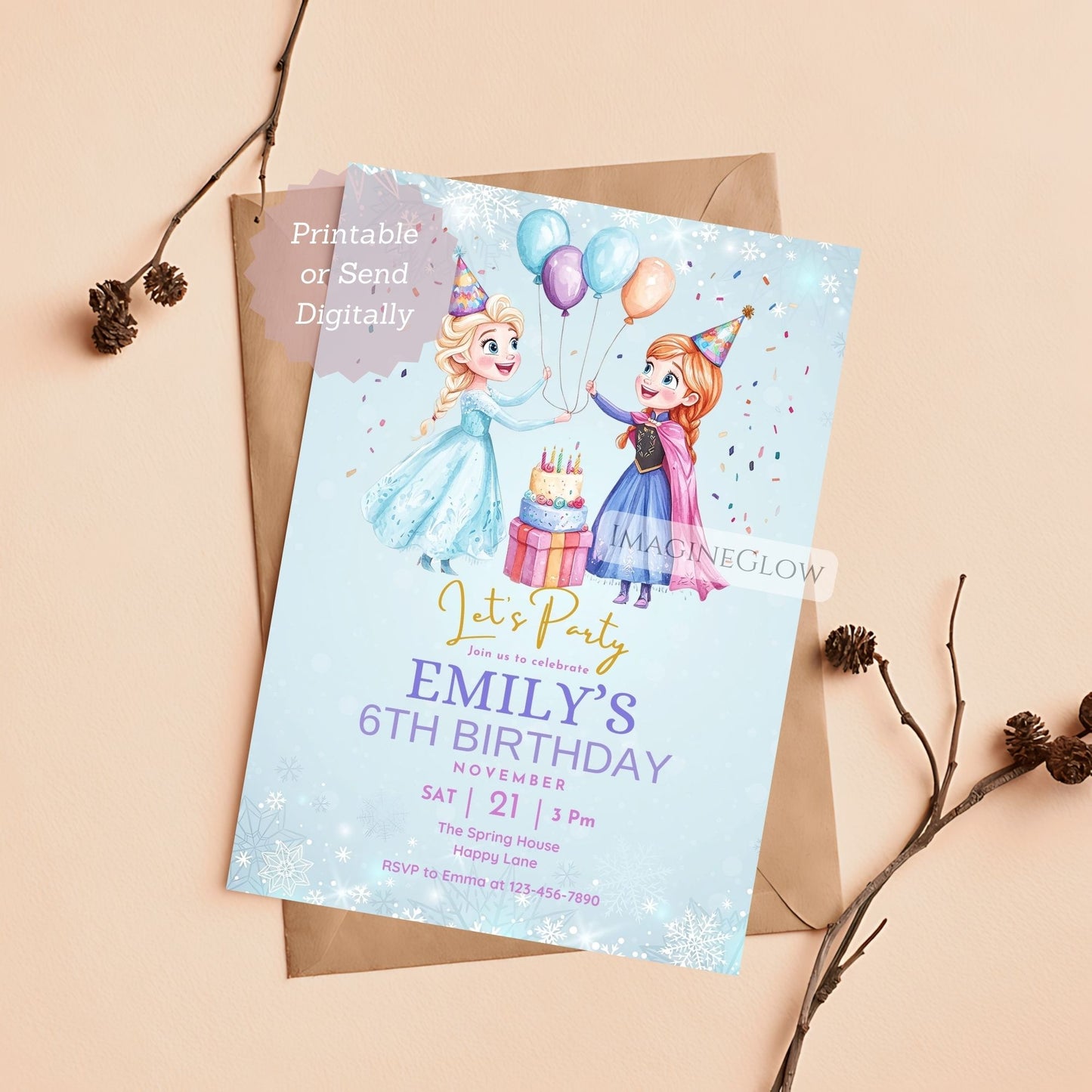 Birthday invitation card with two winter princess Elsa and Anna, balloons, and a cake on a beige background.