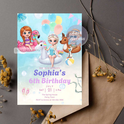 kids frozen pool party invitation
frozen themed summer birthday invite
