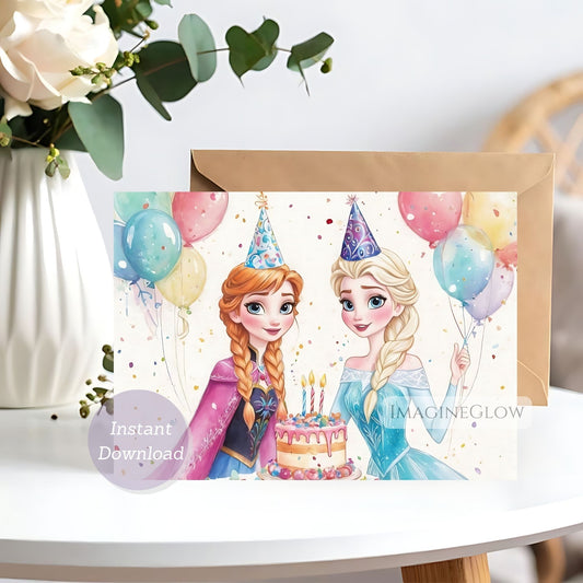 Elsa and Anna Frozen birthday card design
Frozen birthday card with princess sisters
Elsa and Anna winter wonderland birthday card
