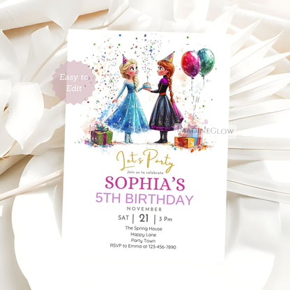 Elsa and Anna winter birthday party invite
