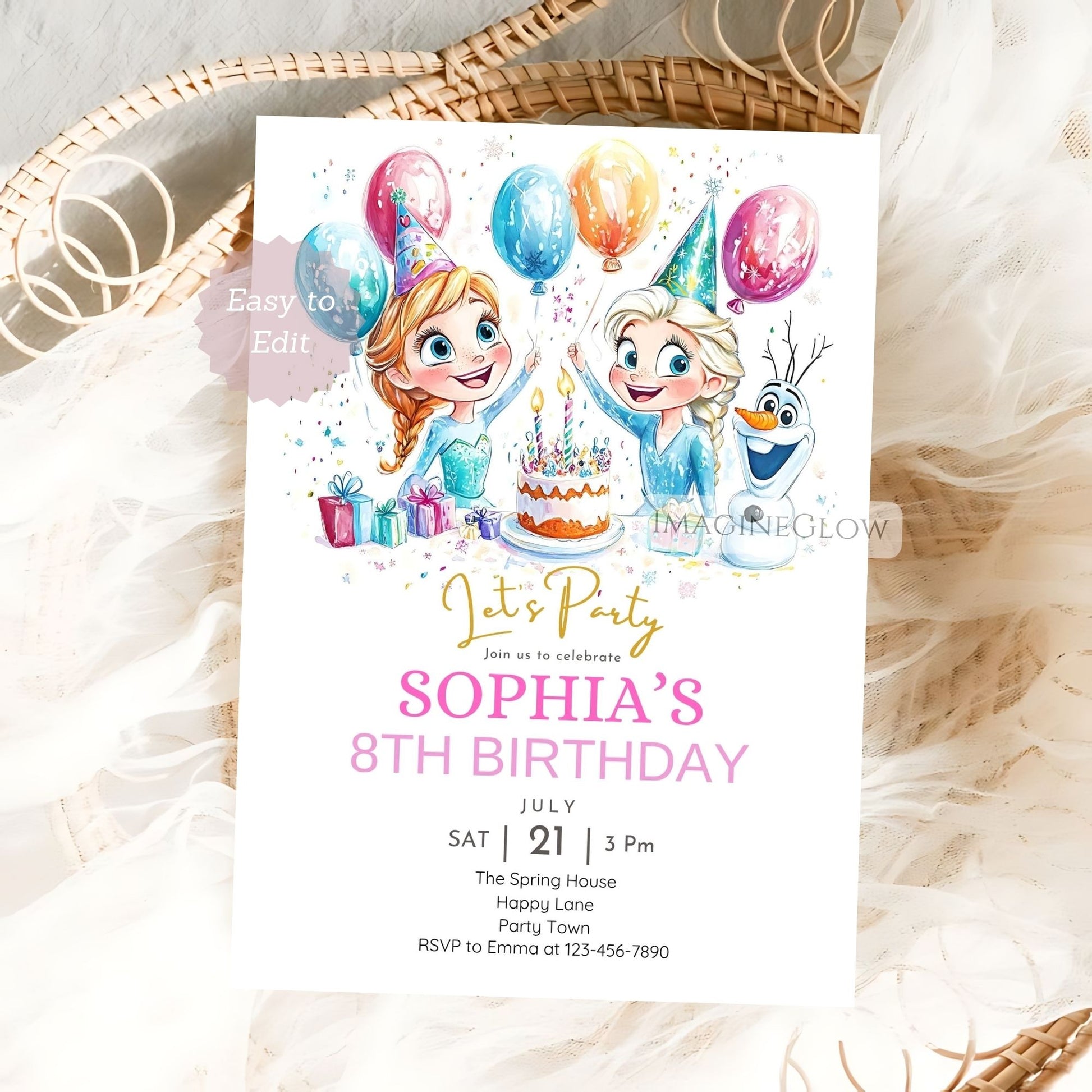 Winter princess party invite for girls with Frozen characters
