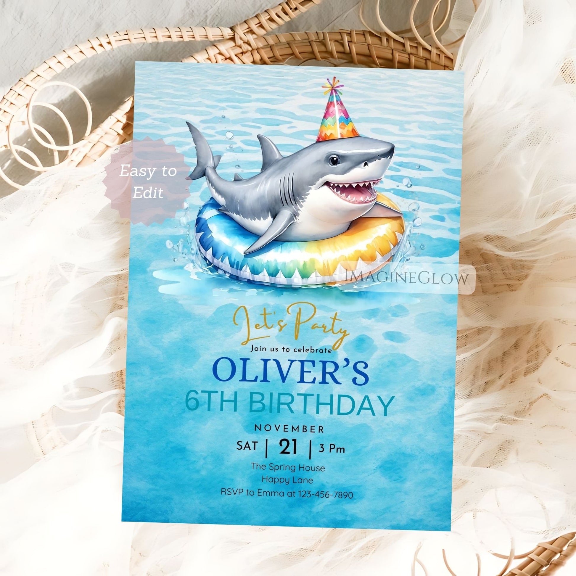editable shark birthday card
printable summer swim party invitation
