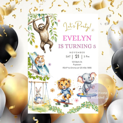 Animal playground birthday invitation for kids’ party celebration.
