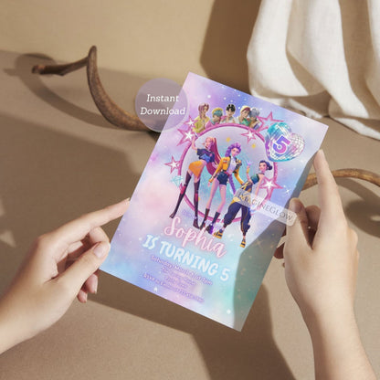 Editable anime girl birthday invitation with HUNTRIX character

