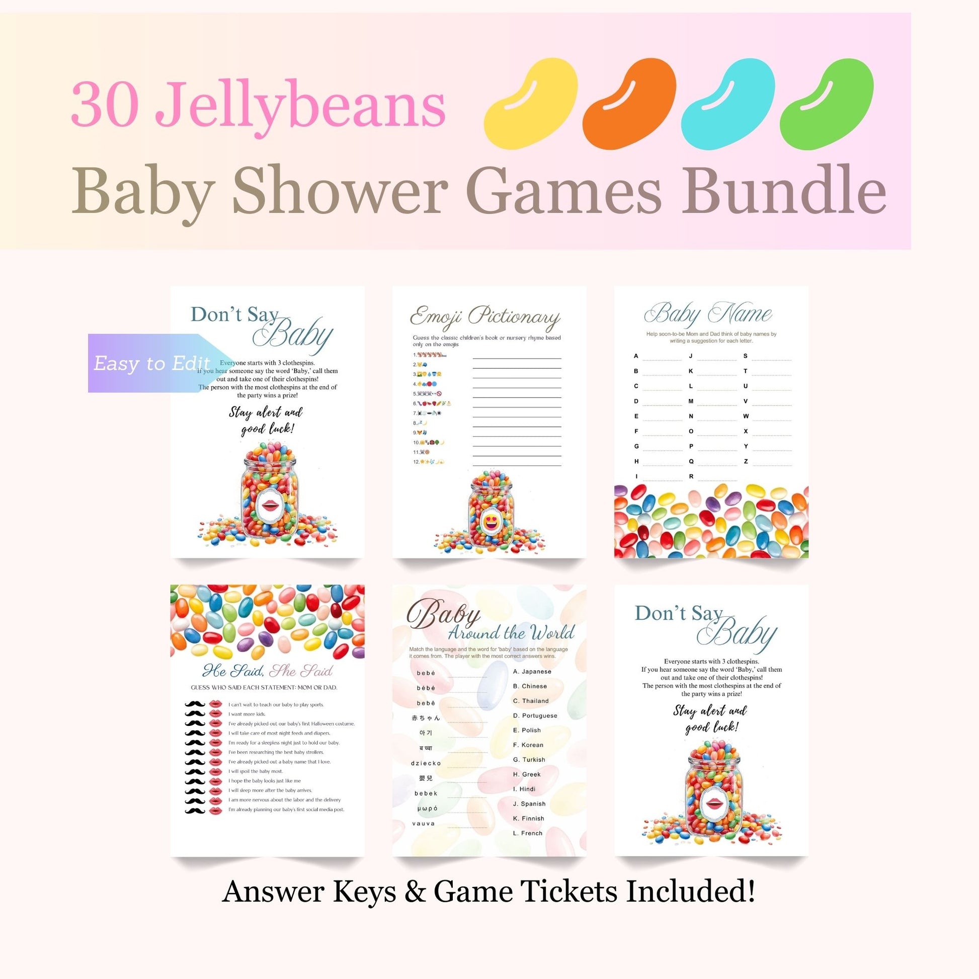 Jellybean baby shower games bundle with colorful designs.
