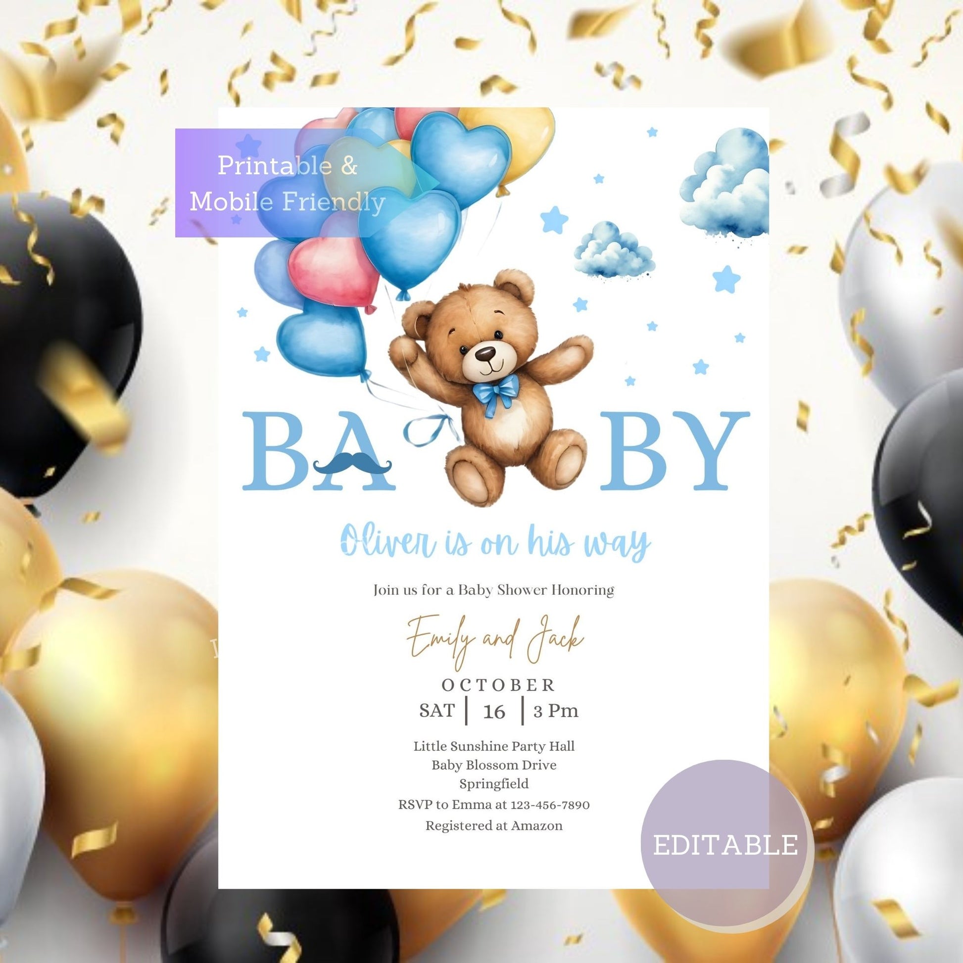 Printable baby shower card with teddy bear and balloon design for a baby boy's birthday.