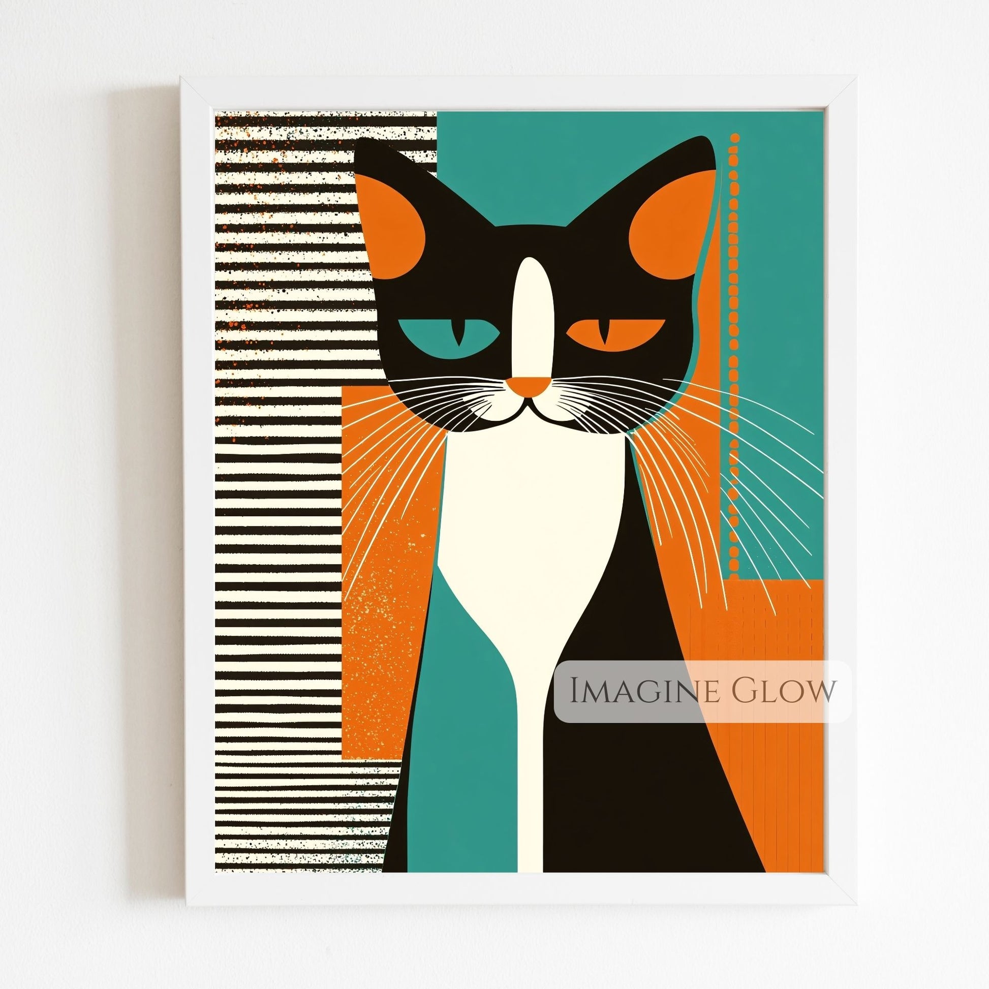 Colorful abstract cat art in a whimsical retro design.
