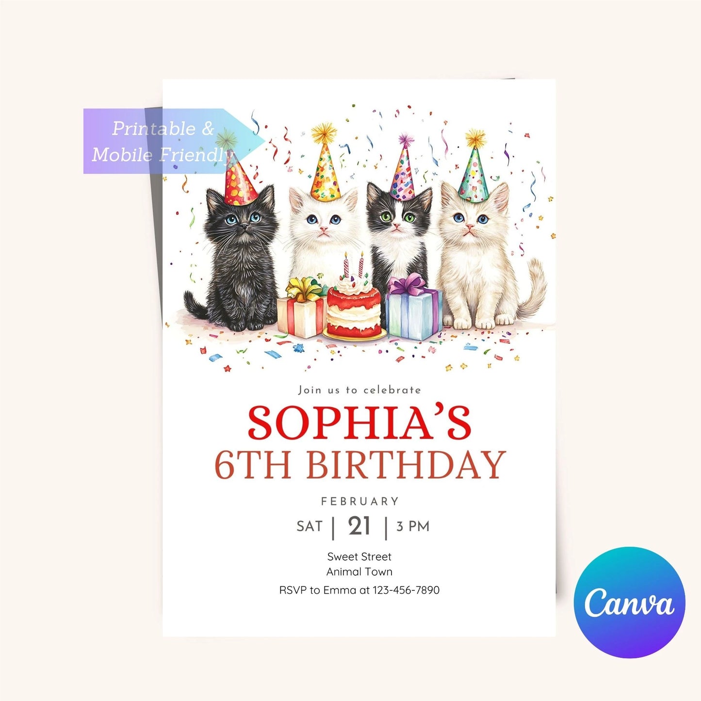 Cute and fun cat birthday party invitation template, editable design.