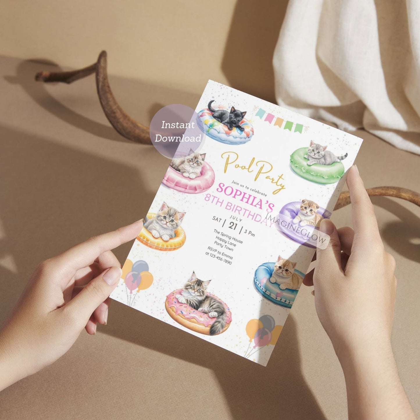 Kitten Pool Party Birthday Invitation - Summer Tropical Beach Party