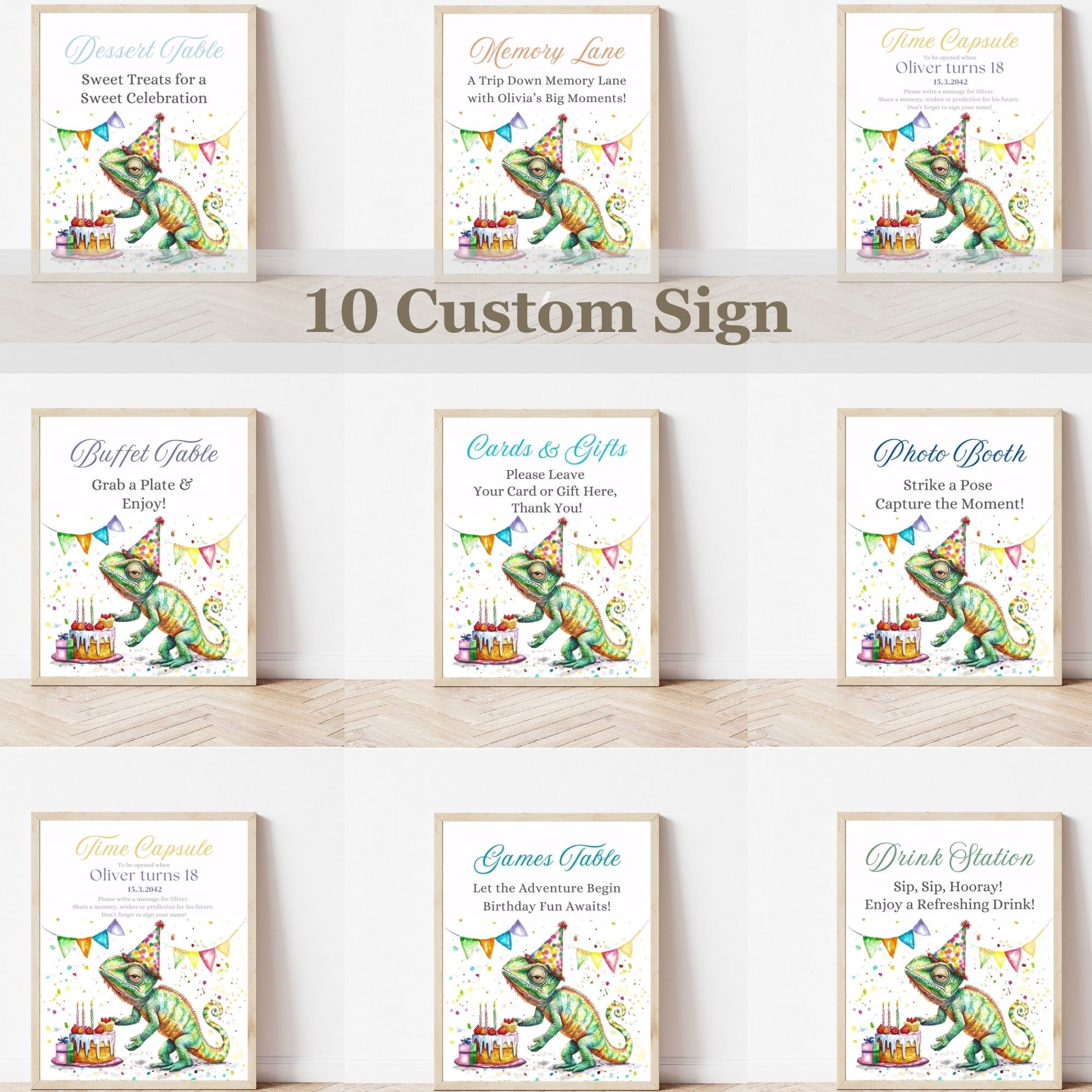 Set of 10 custom signs with a chameleon design on a white surface.