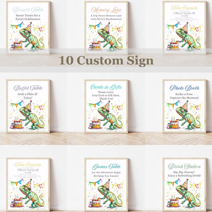 Set of 10 custom signs with a chameleon design on a white surface.