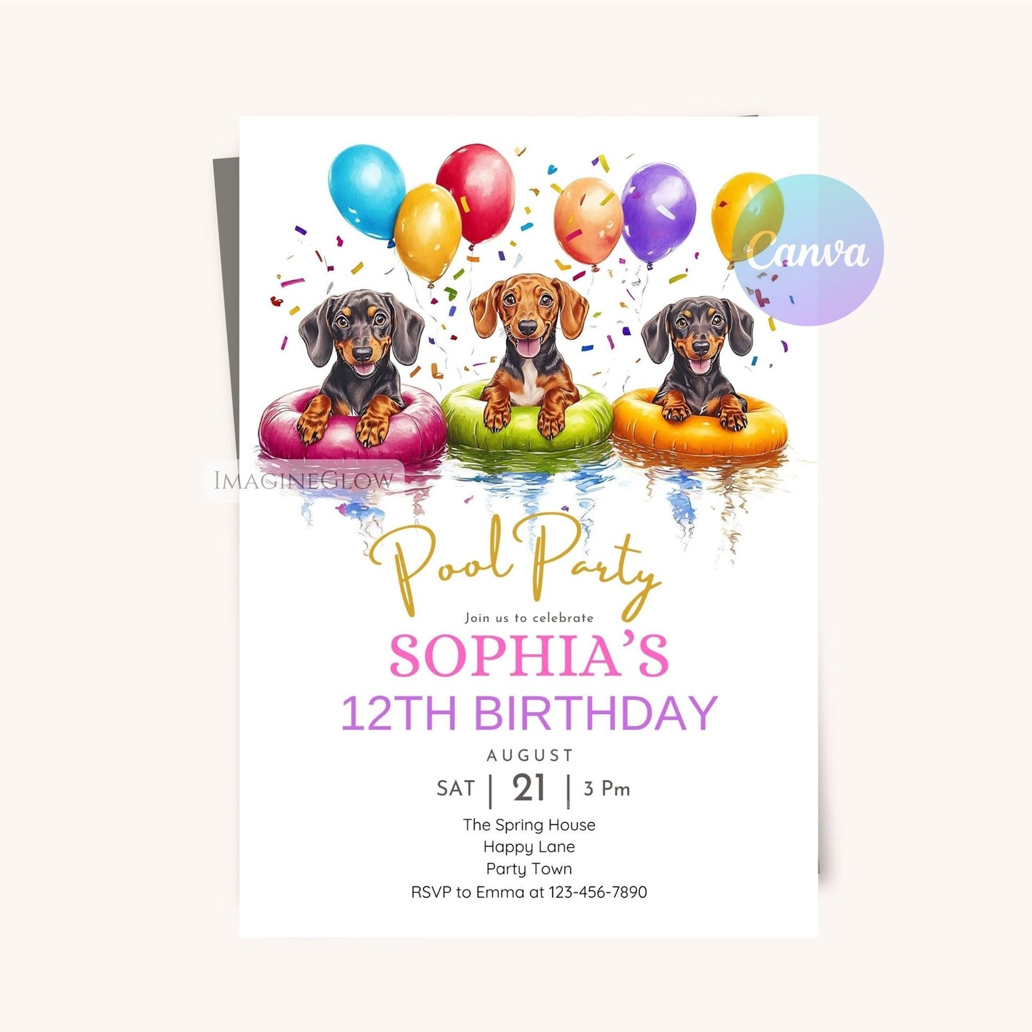 Printable dog-themed invitation featuring a Dachshund.
