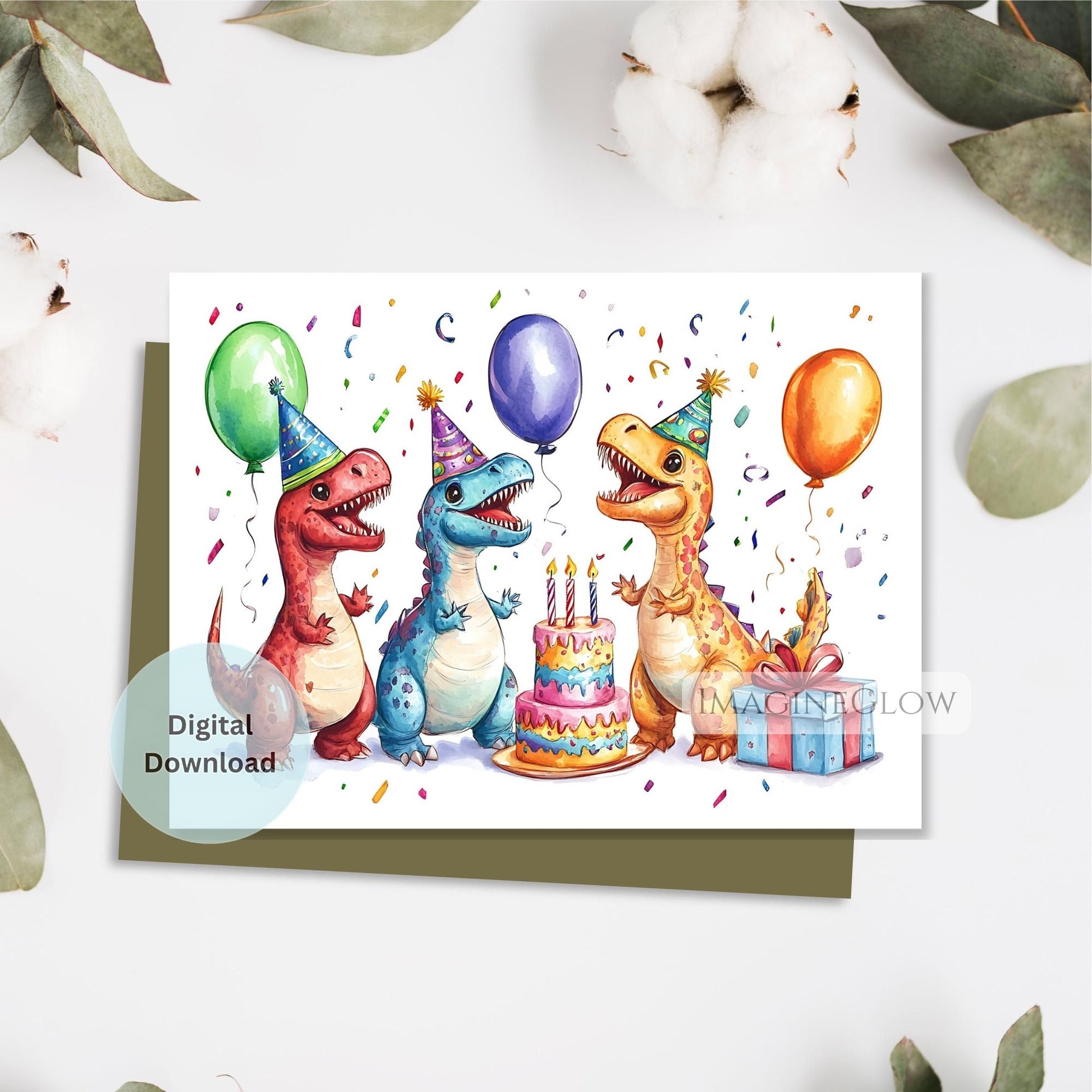 Birthday card with colorful dinosaurs, balloons, and a cake on a white background.