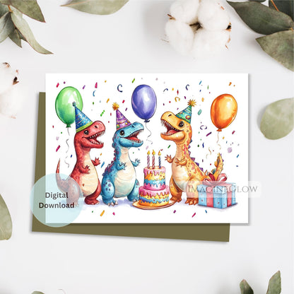 Birthday card with colorful dinosaurs, balloons, and a cake on a white background.