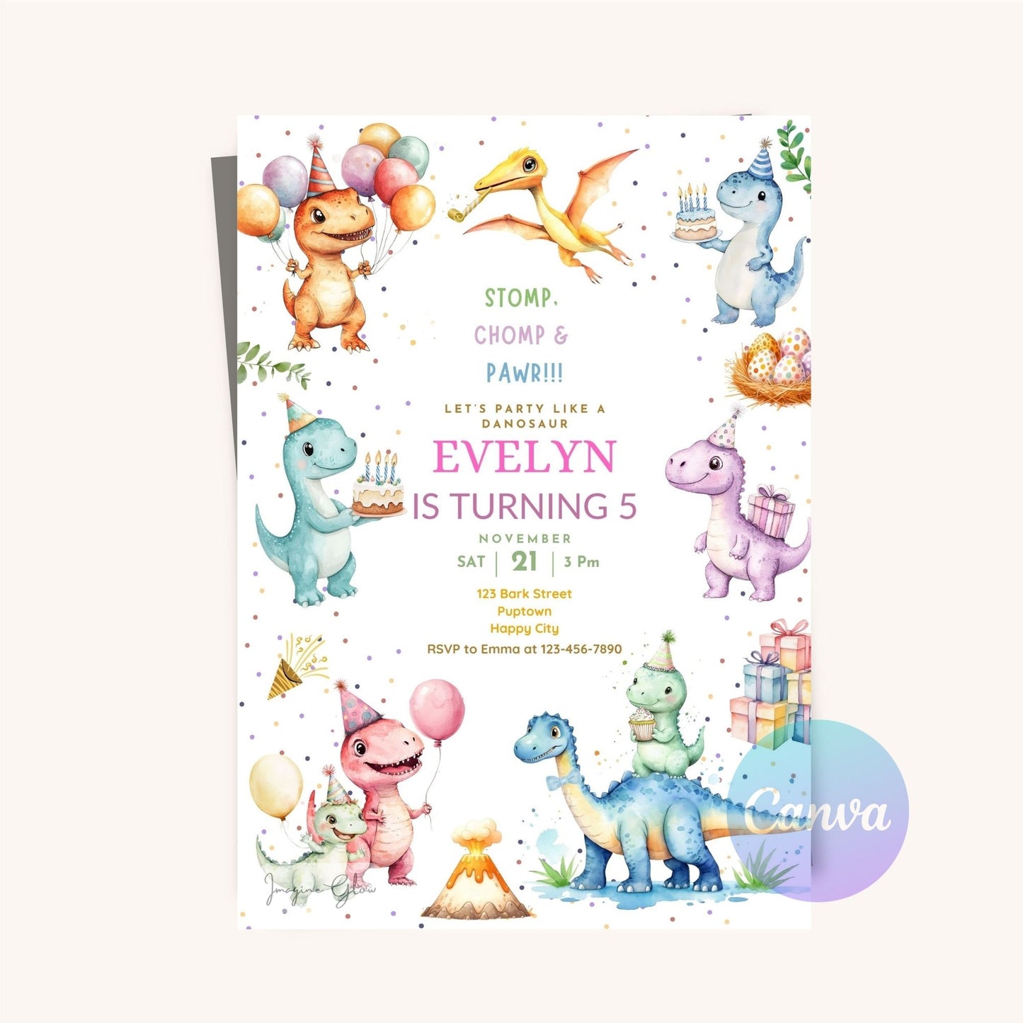 Dinosaur birthday party invite for kids editable template.
