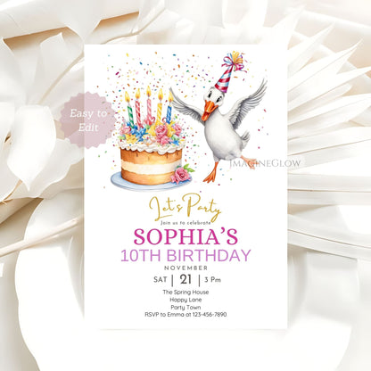 Adorable goose-themed 1st birthday invitation for baby girl
