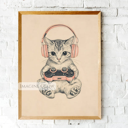 Girl gamer cat artwork for bedroom decor
