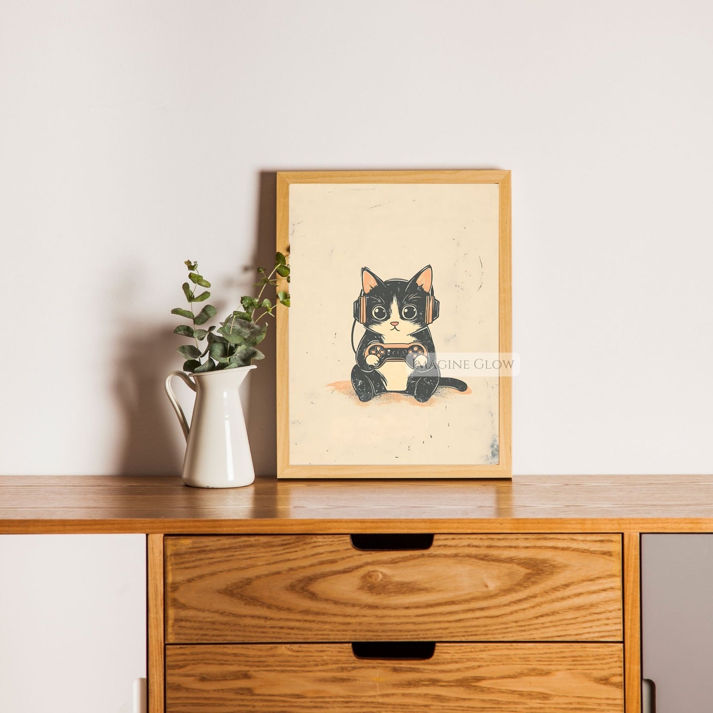 Playful cat gaming poster for wall decor
