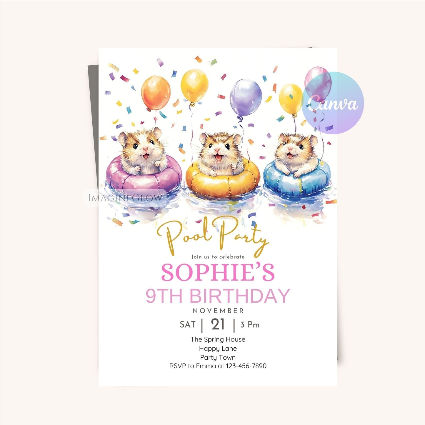 Customizable hamster birthday invite for swim celebrations.
