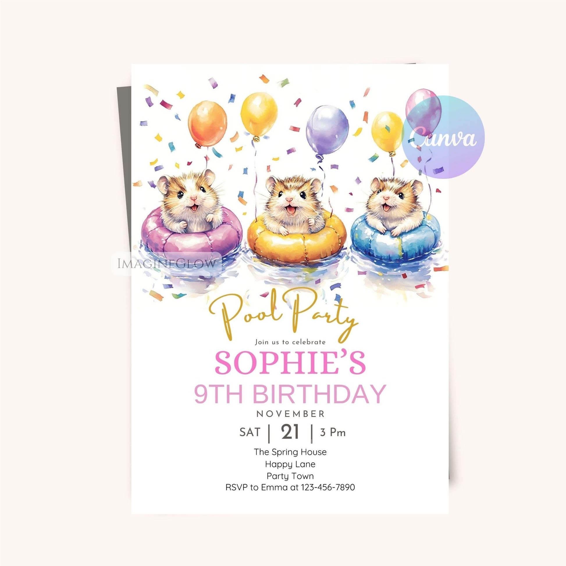 Customizable hamster birthday invite for swim celebrations.
