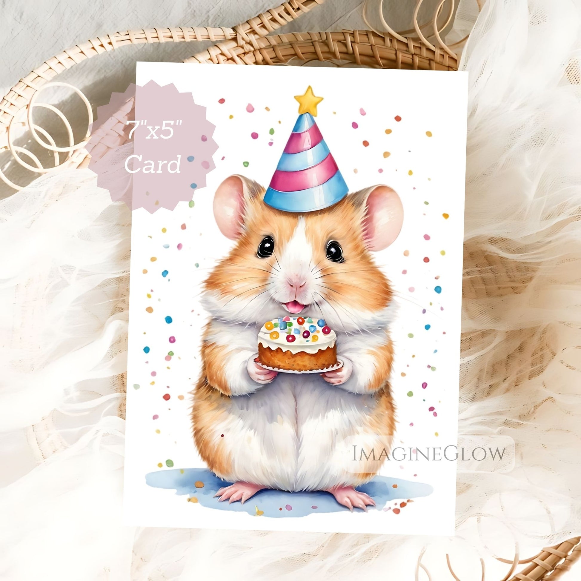 Card with a hamster wearing a party hat and holding a cake