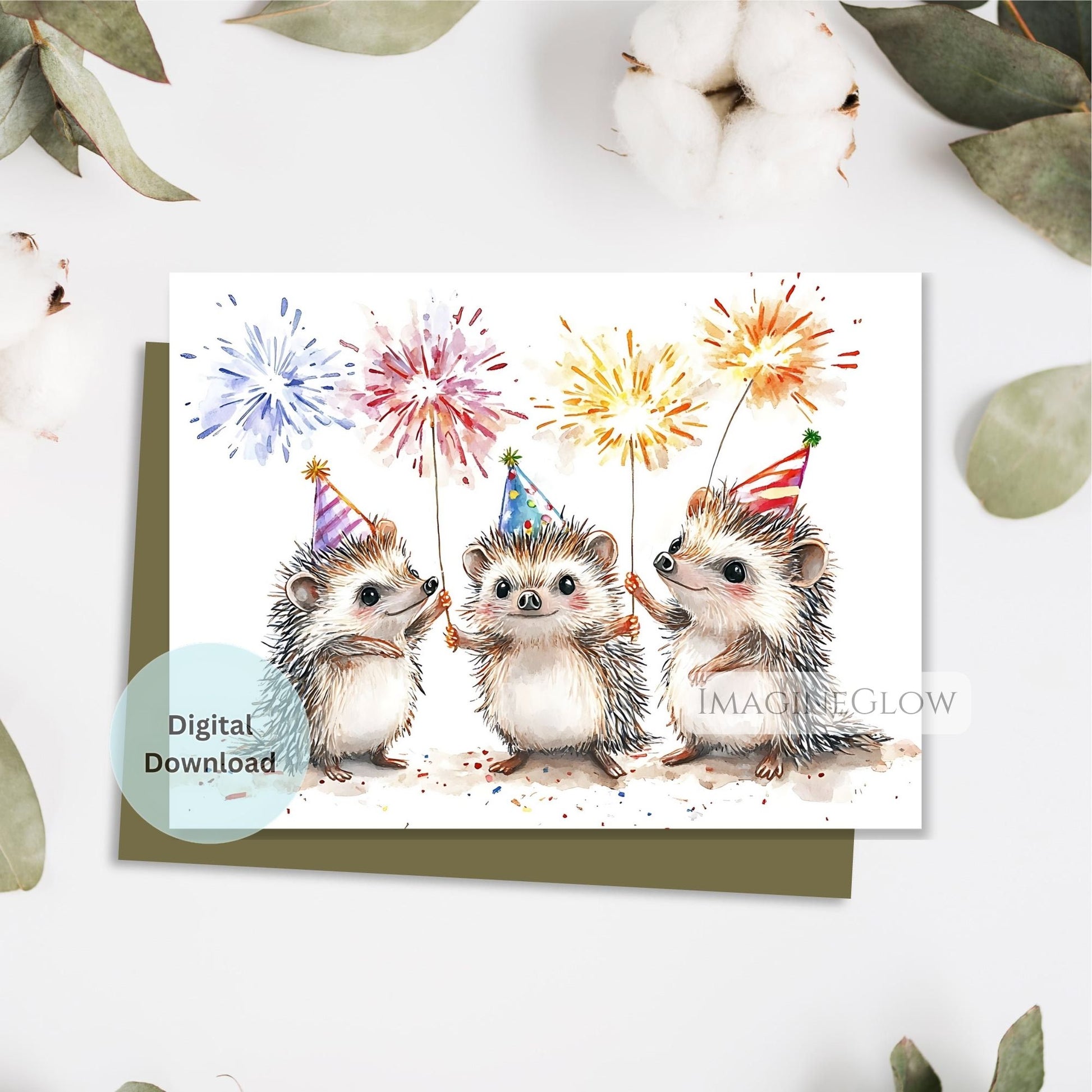 Card with hedgehogs holding birthday candles and fireworks on a white background