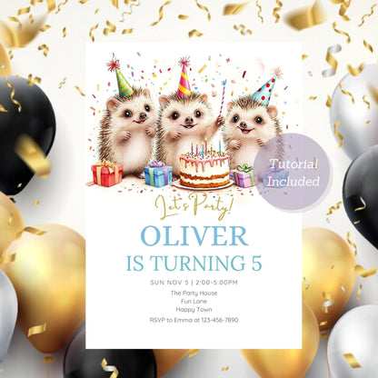 Editable hedgehog birthday invite for children’s celebrations.
