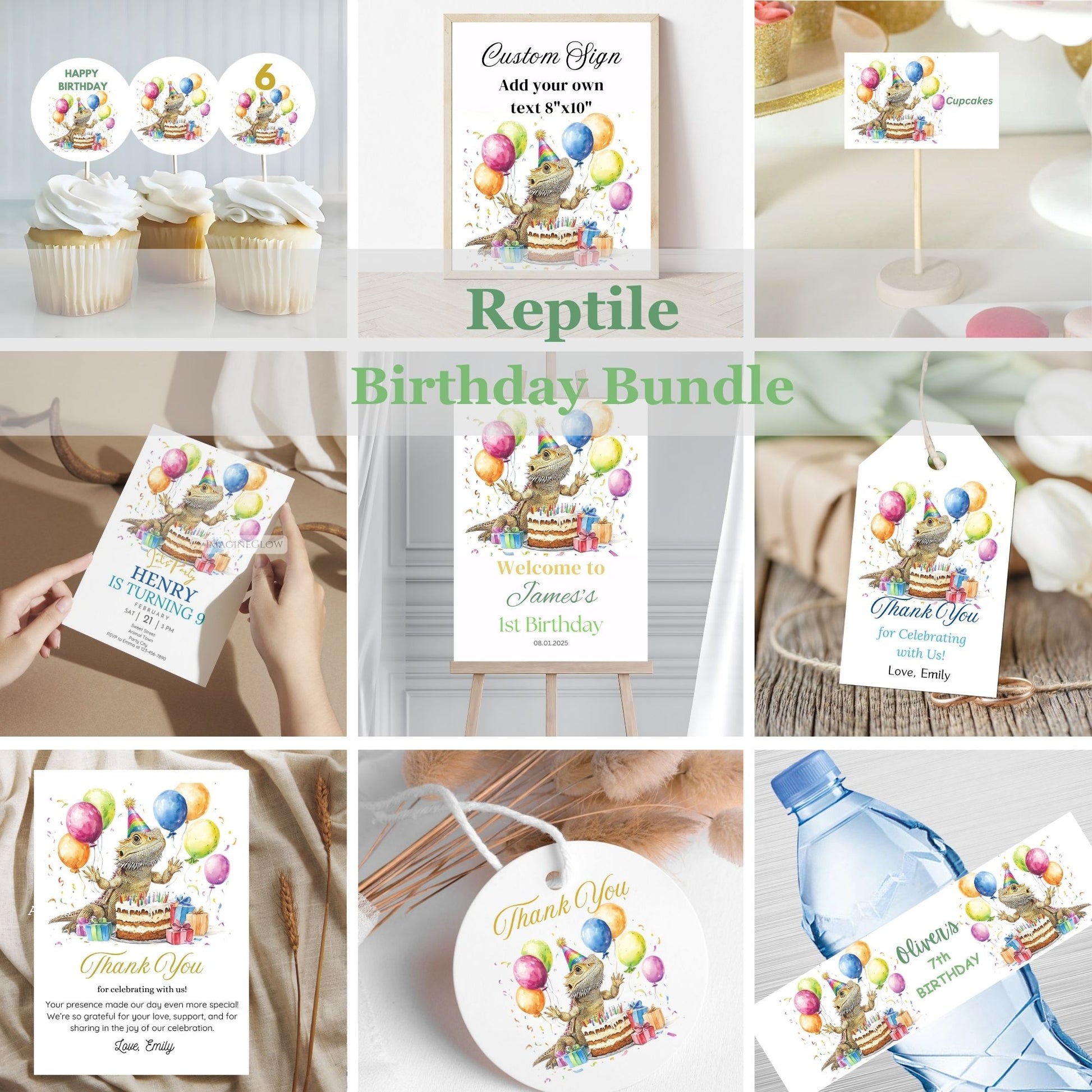 Collage of birthday party items with a Reptile Birthday Bundle theme, including signs, invitations, and decorations.