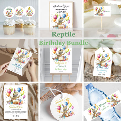 Collage of birthday party items with a Reptile Birthday Bundle theme, including signs, invitations, and decorations.