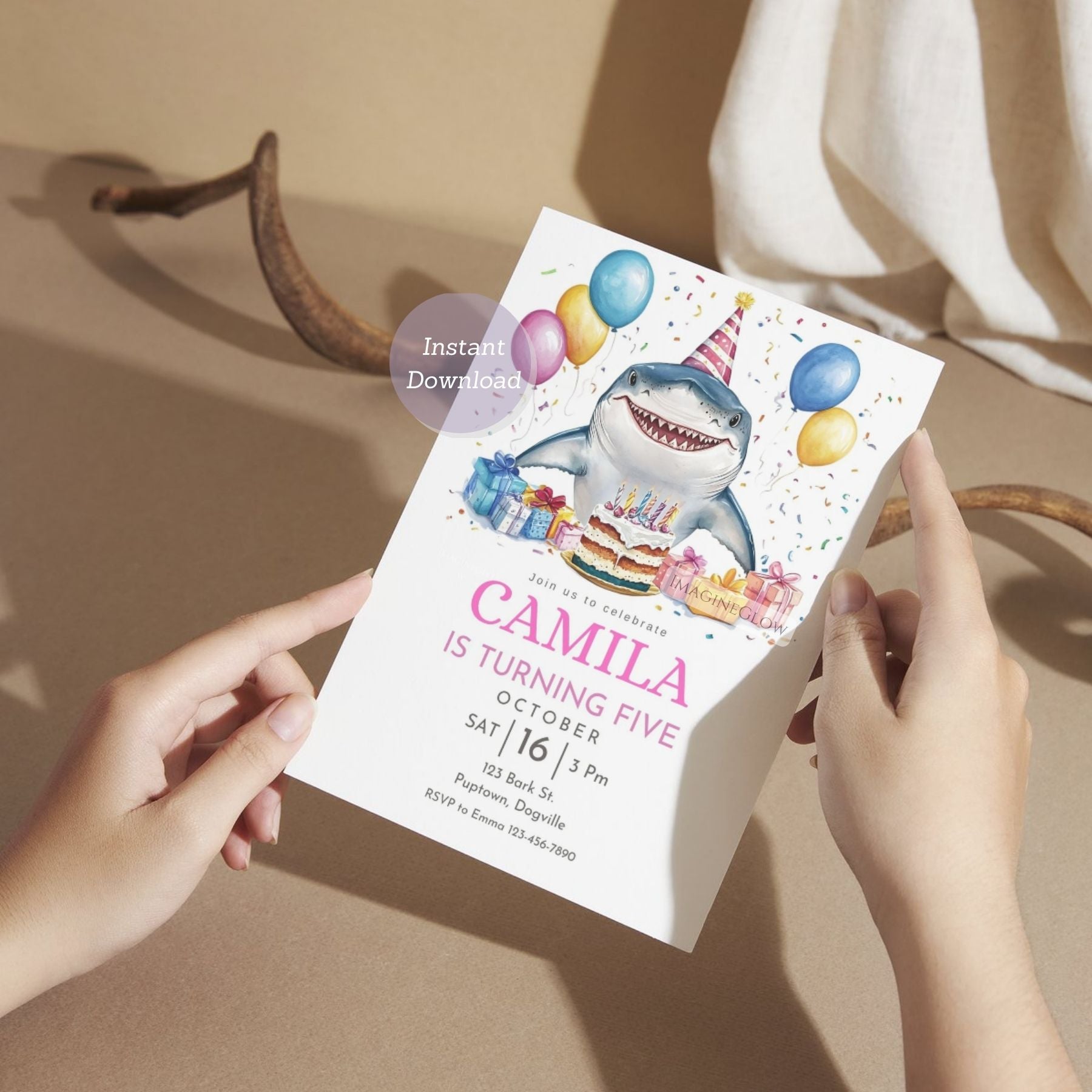 Printable Shark Party Invitation for Kids' Birthday Celebration.
