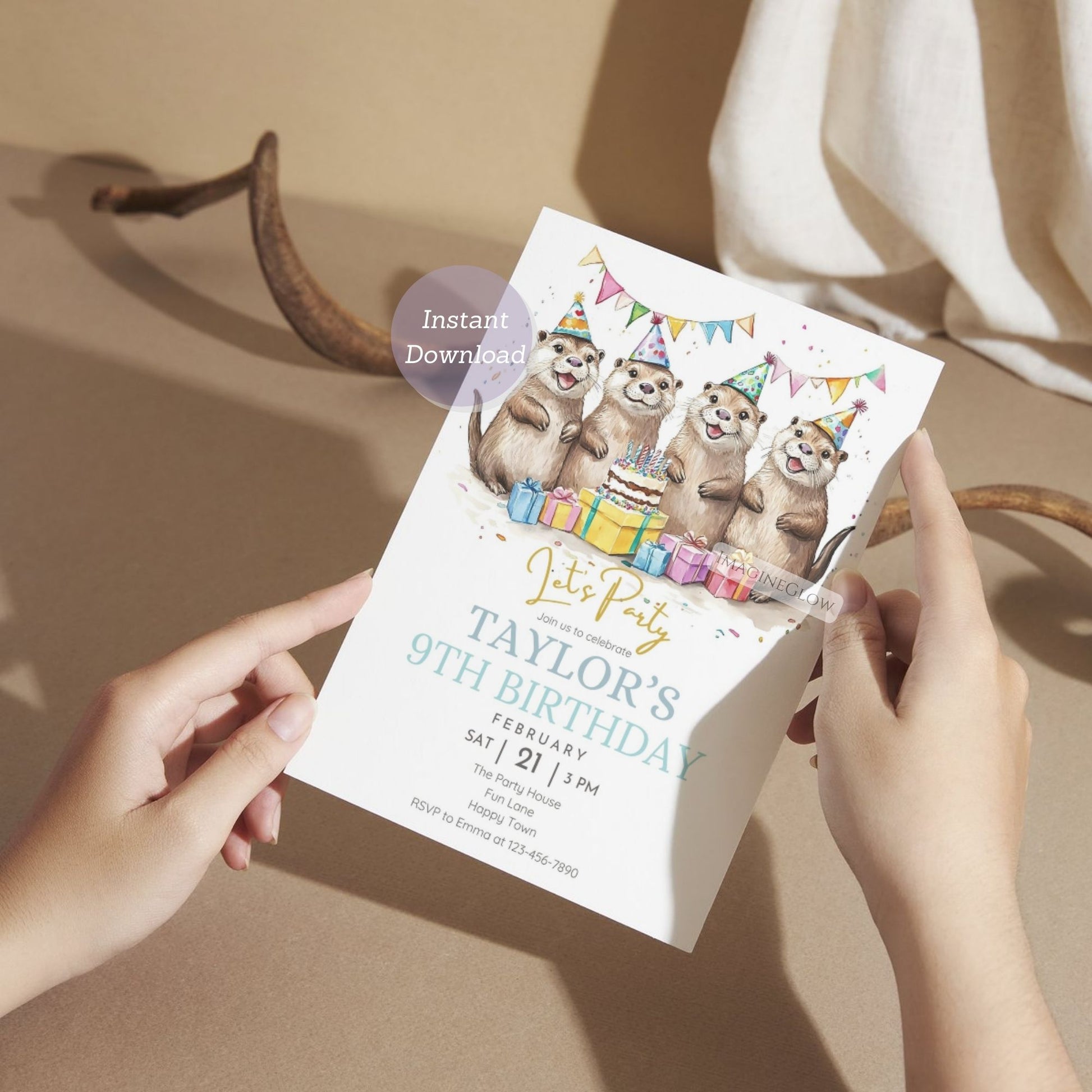River adventure birthday invitation with otters

