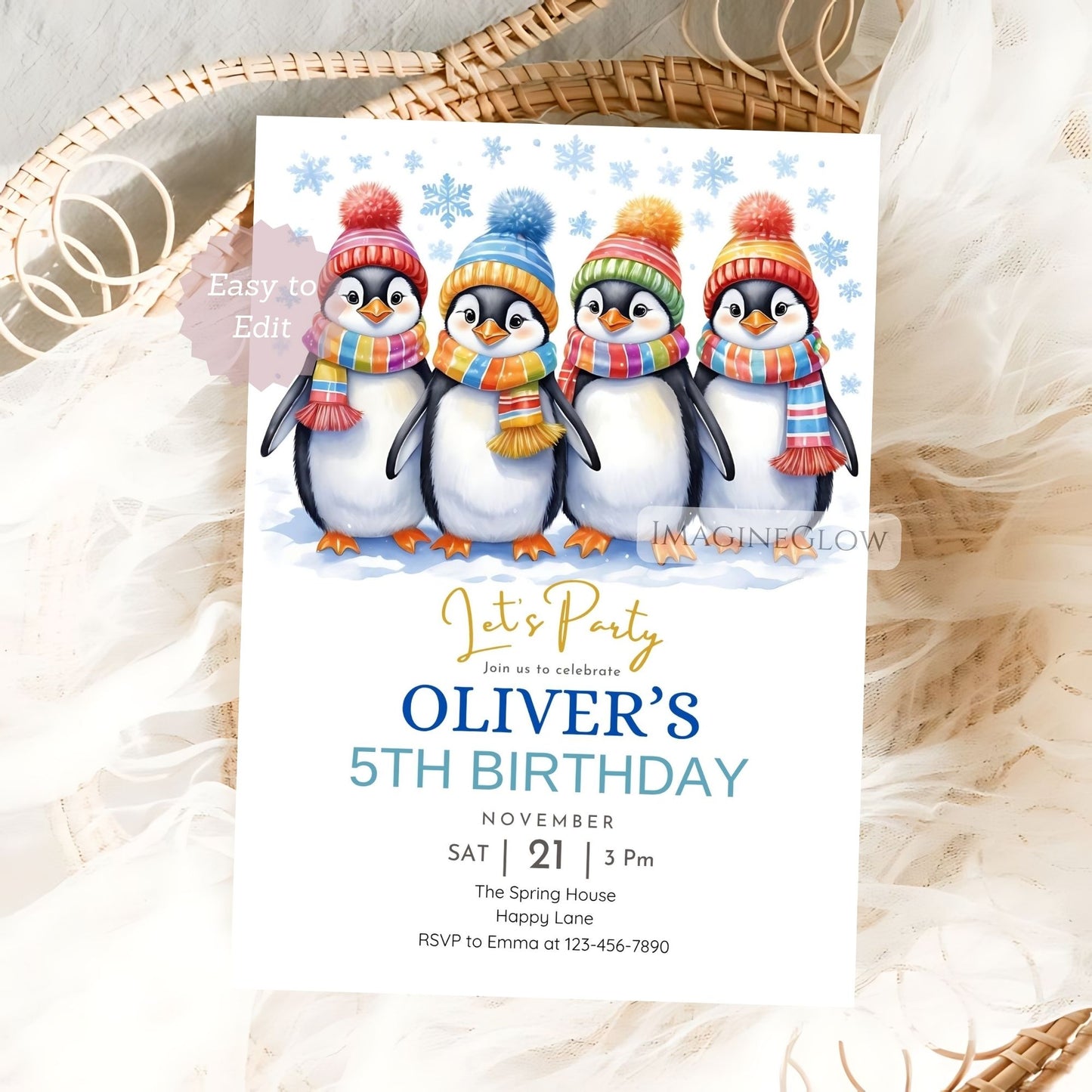 customizable penguin birthday party card template
