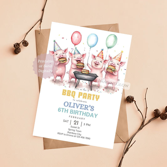 Four Piglet BBQ Birthday Invitation with a farm cookout theme.
