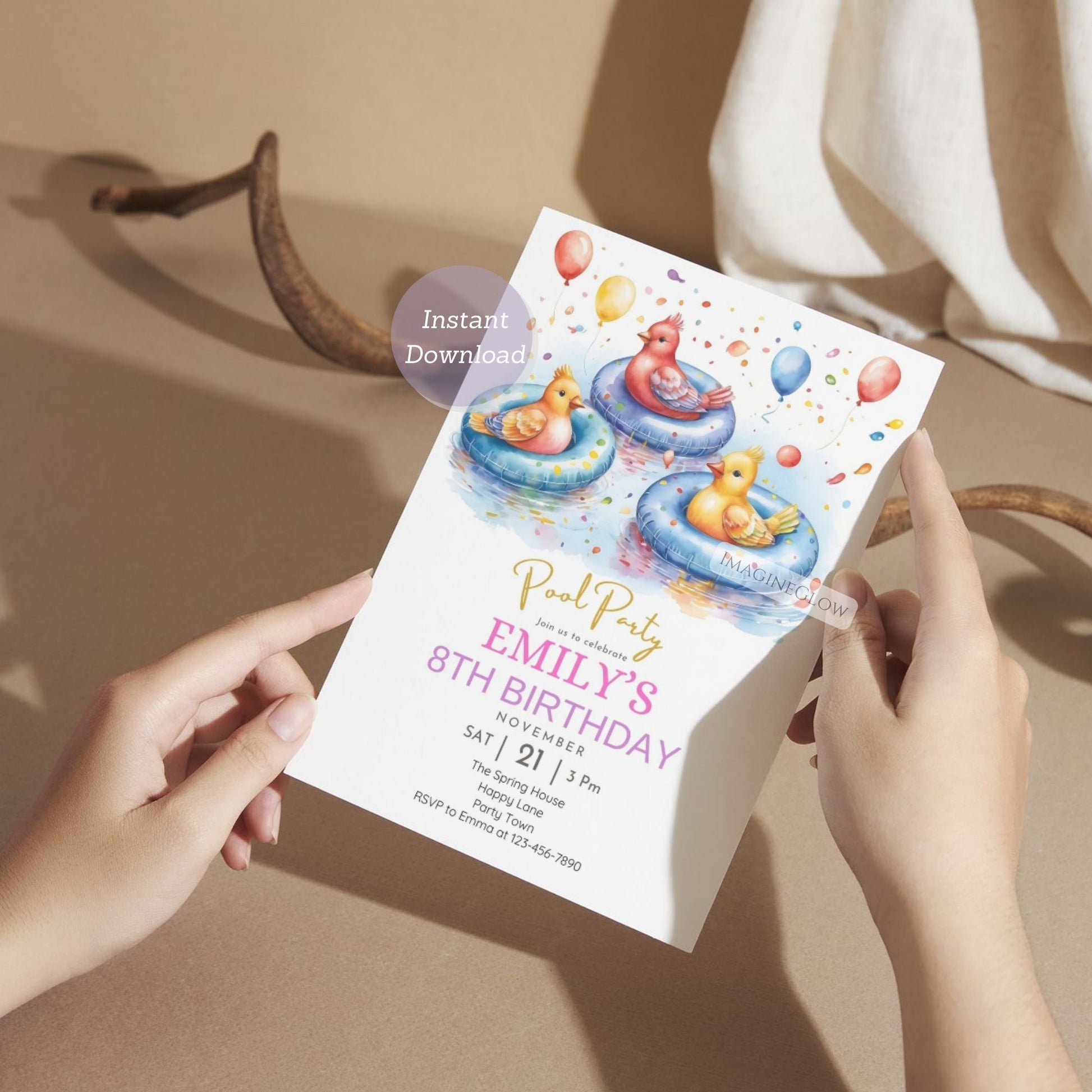 Fun water-themed birthday invitation for kids
Printable tropical pool party invitation for children

