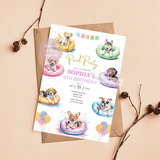 puppy pool party birthday invitation
dog themed summer party invite


