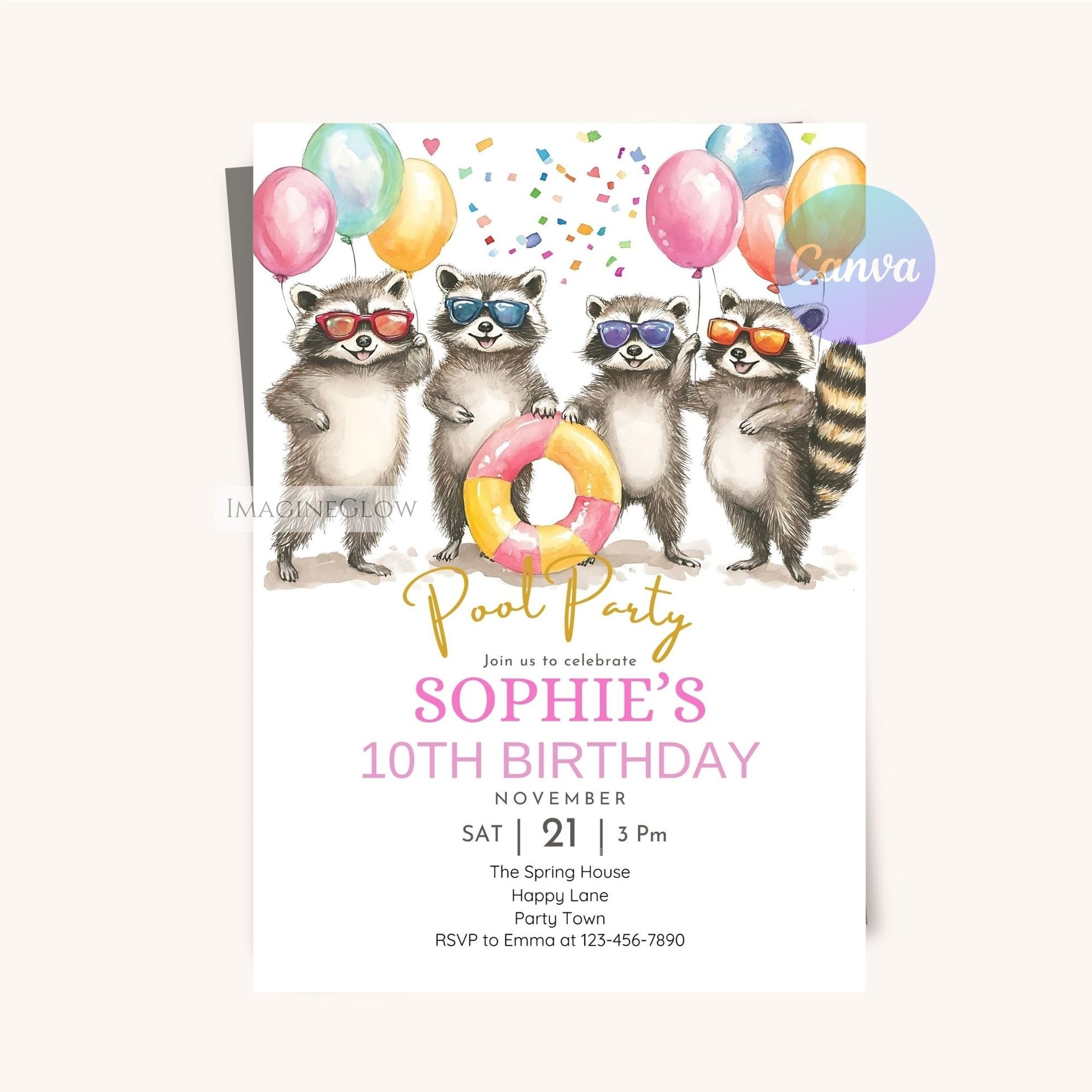 Printable raccoon-themed invitation featuring four raccoons.

