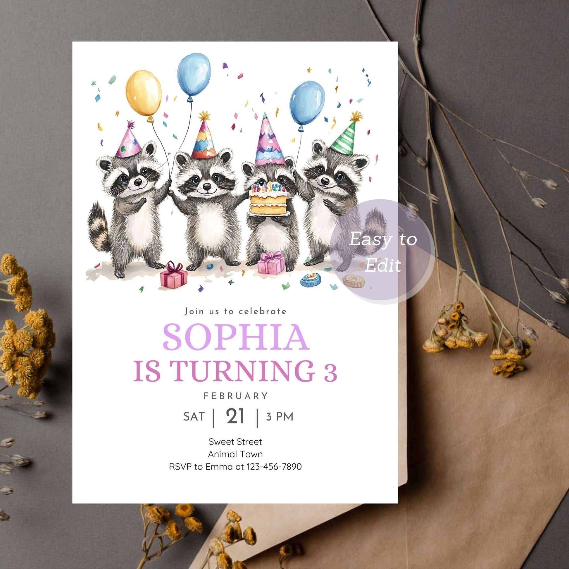 Woodland animal birthday party invitation featuring a cute raccoon.
