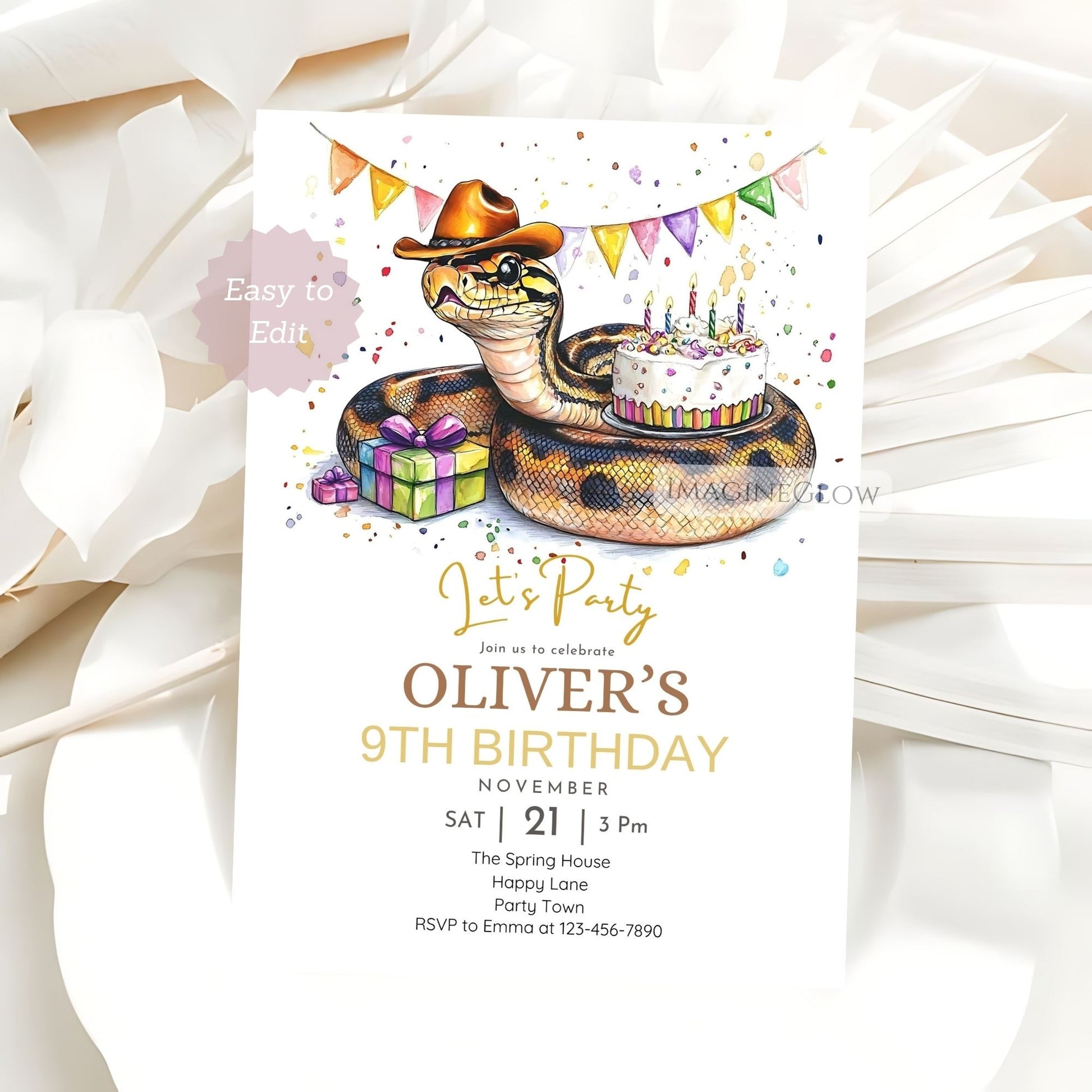 royal python birthday party invite
snake themed birthday for boys
ball python cowboy party invite
