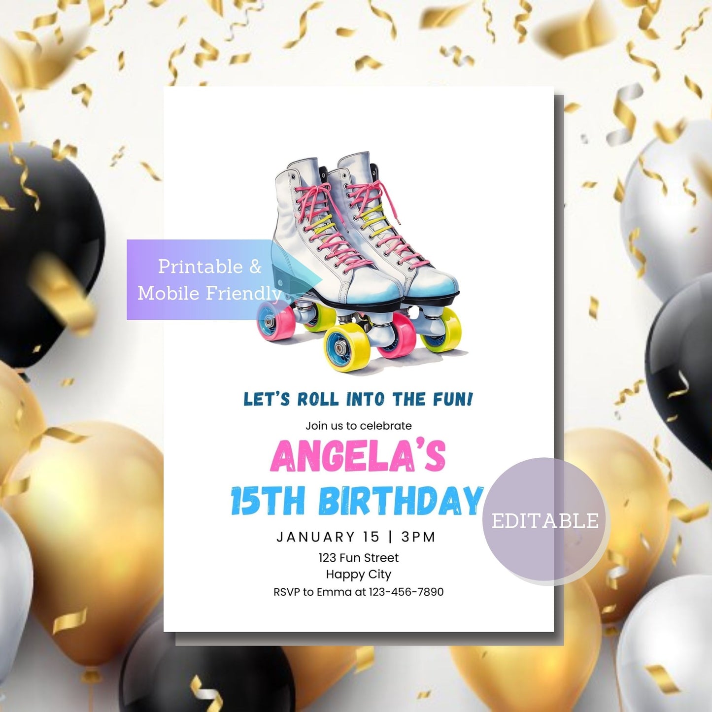 Customizable roller skate-themed invitation template for fun and active events.