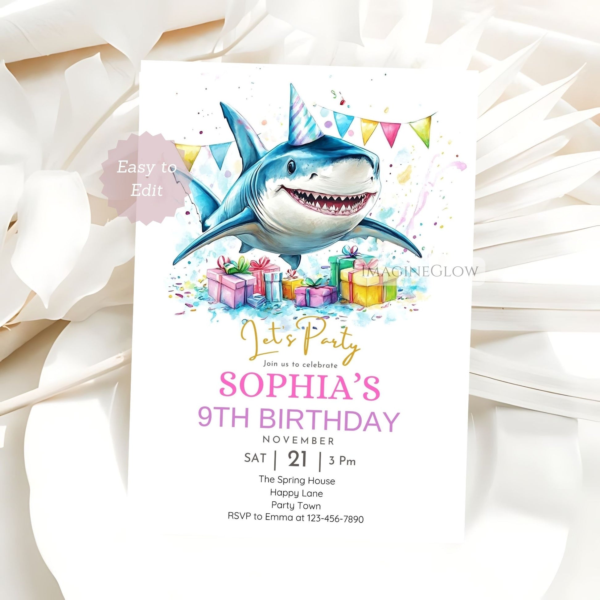 Shark birthday card with ocean waves design
