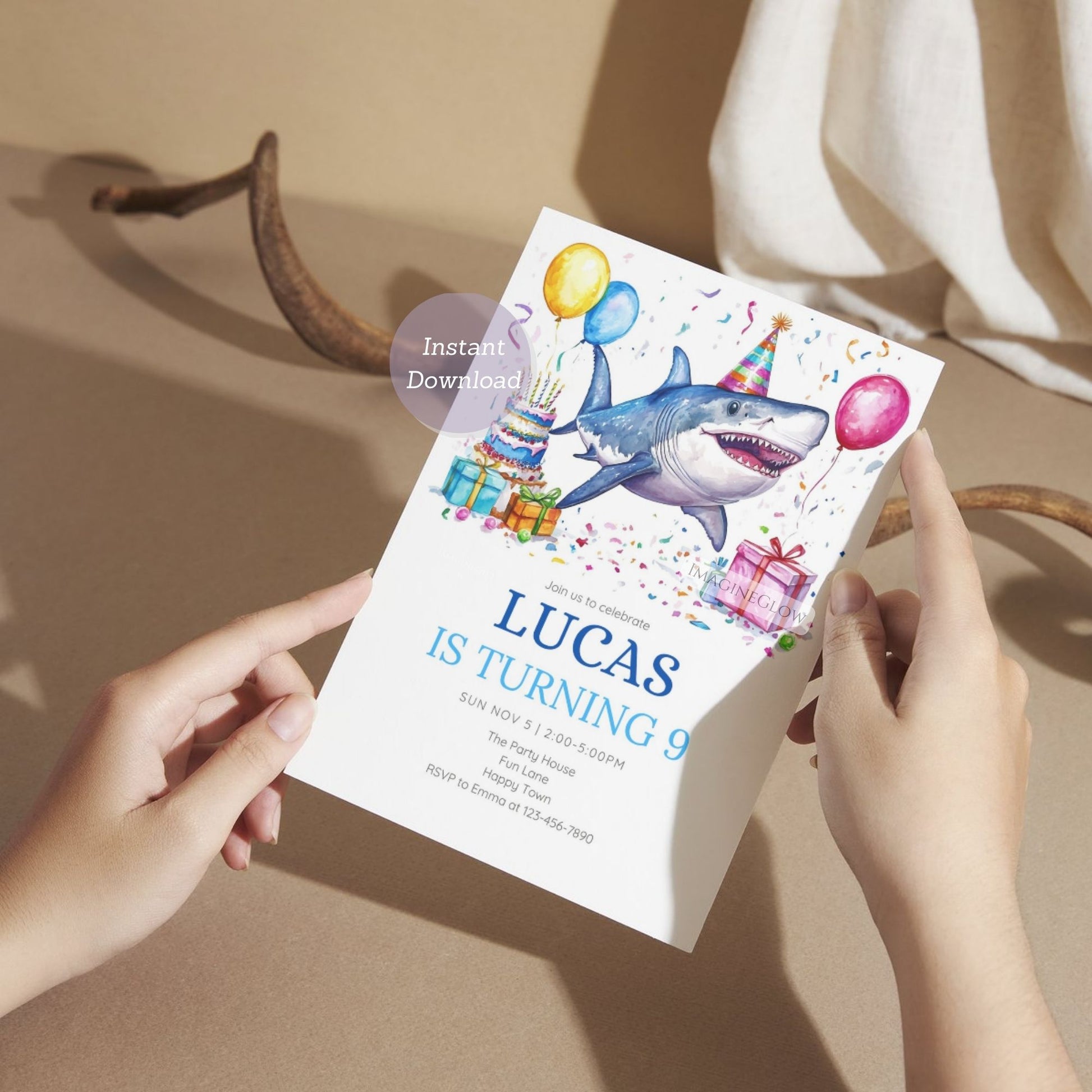 Editable ocean shark birthday invitation
