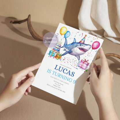 Editable ocean shark birthday invitation
