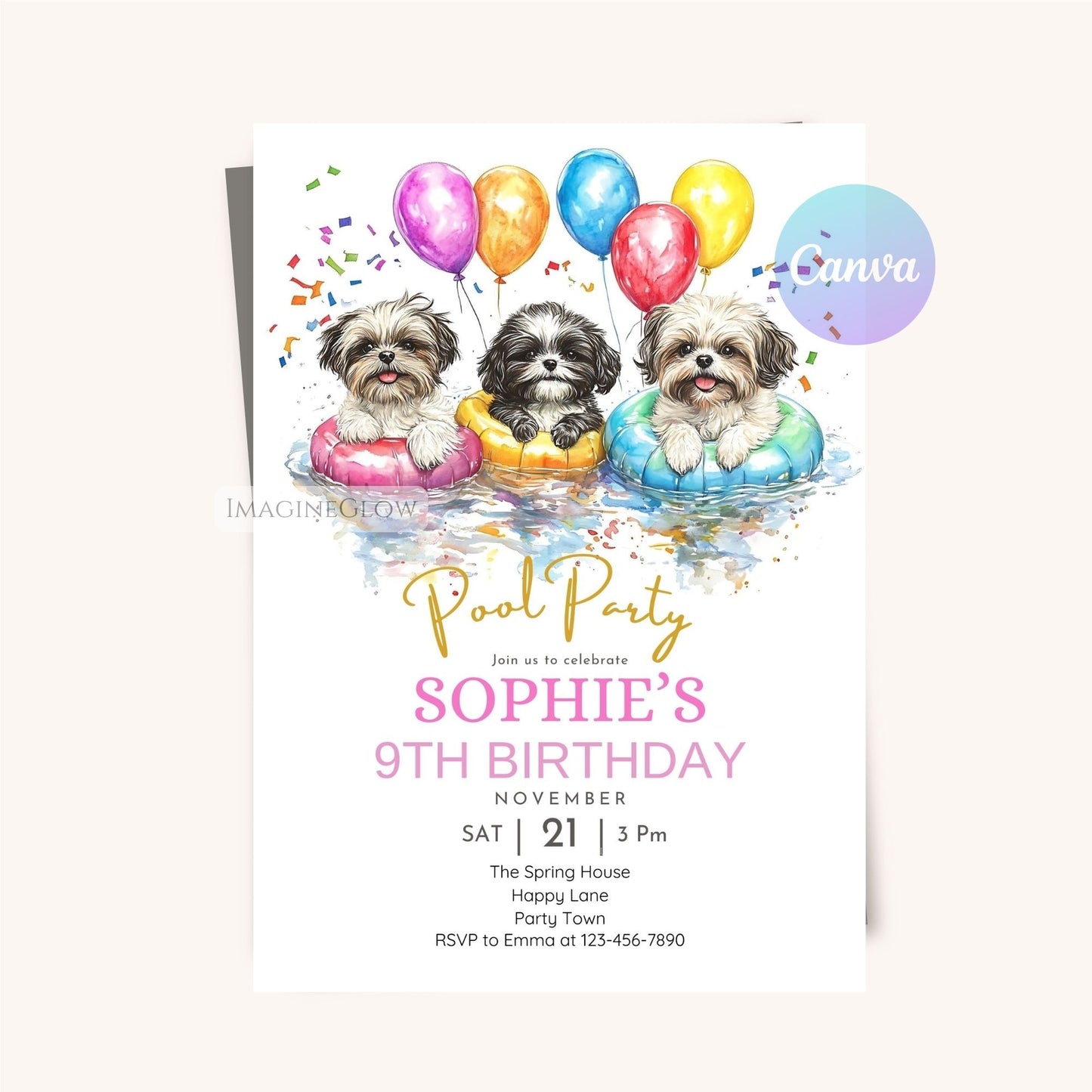 Printable dog-themed invitation featuring a Shih Tzu.
