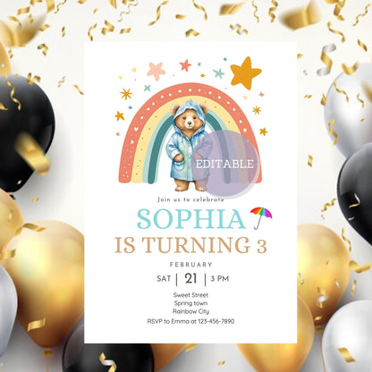 Rainbow Boho Invitation - Spring Party Invite - Bear Theme Fun Birthday Invite