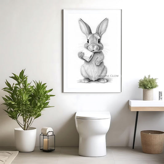 Humorous black-and-white animal print with a bunny and toilet paper.
