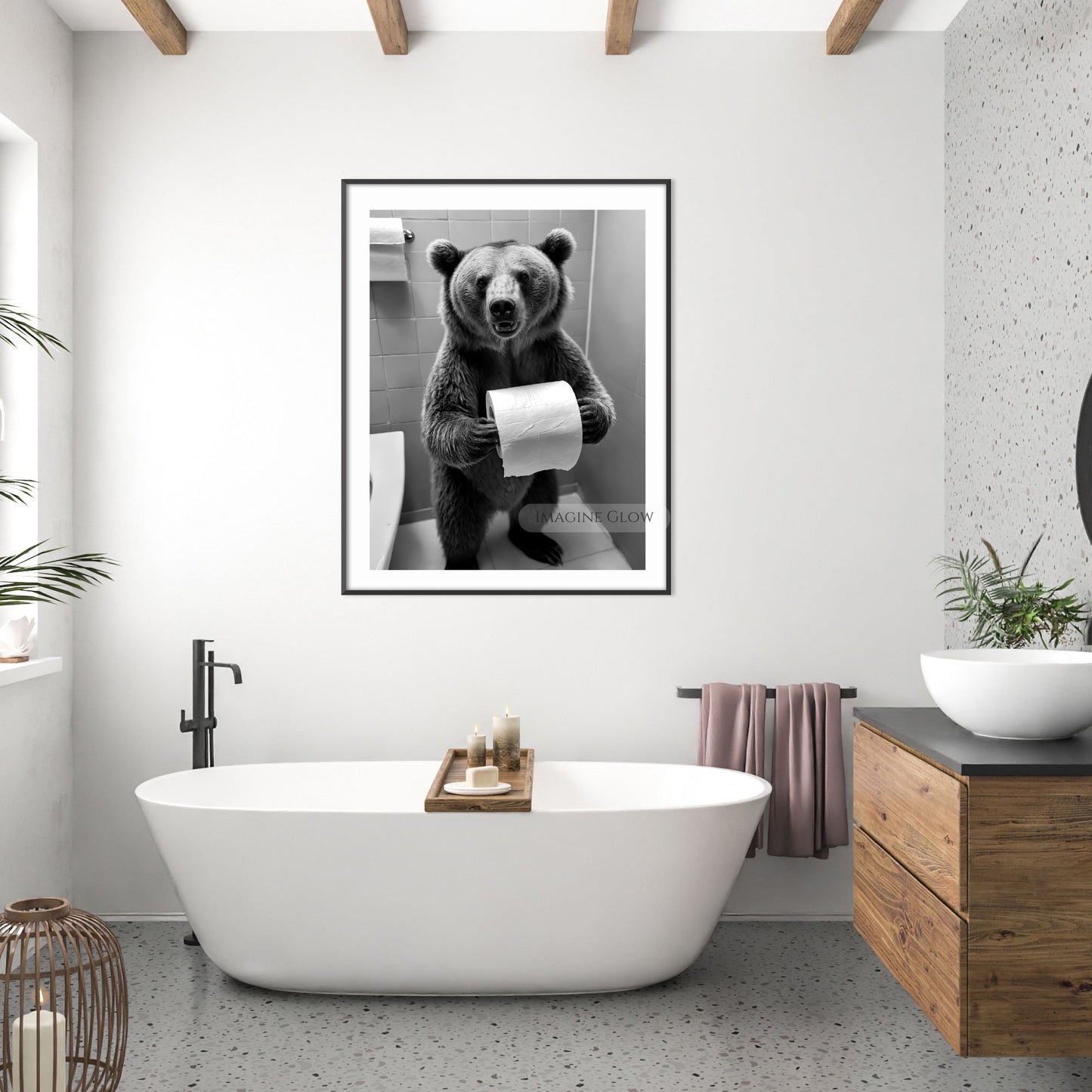 Rustic bear bathroom art with a humorous touch.