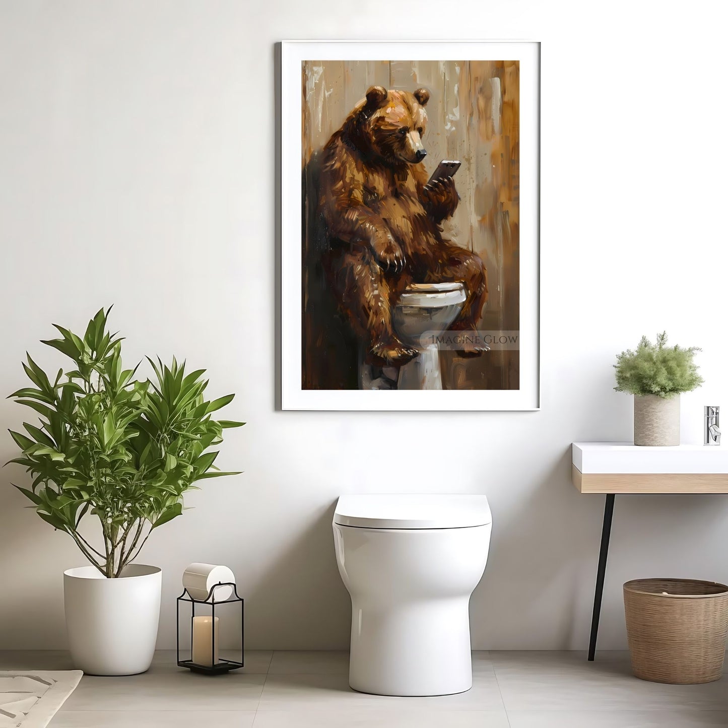 Playful bear phone illustration for bathroom wall