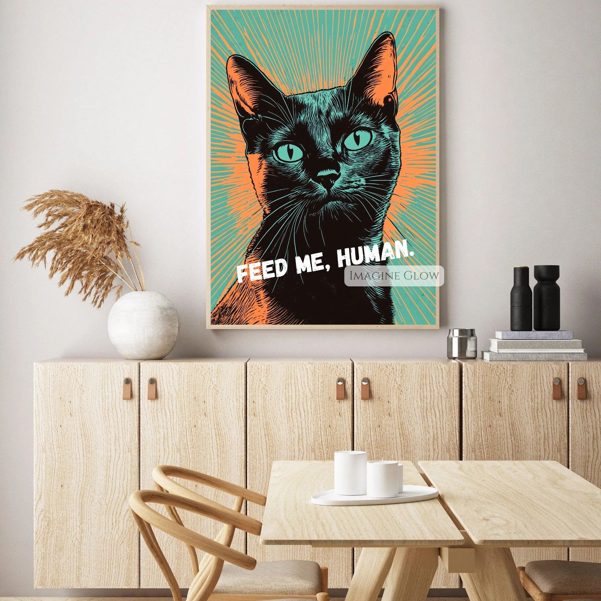 Fun pop art black cat art with cheeky "Feed Me, Human" wording.