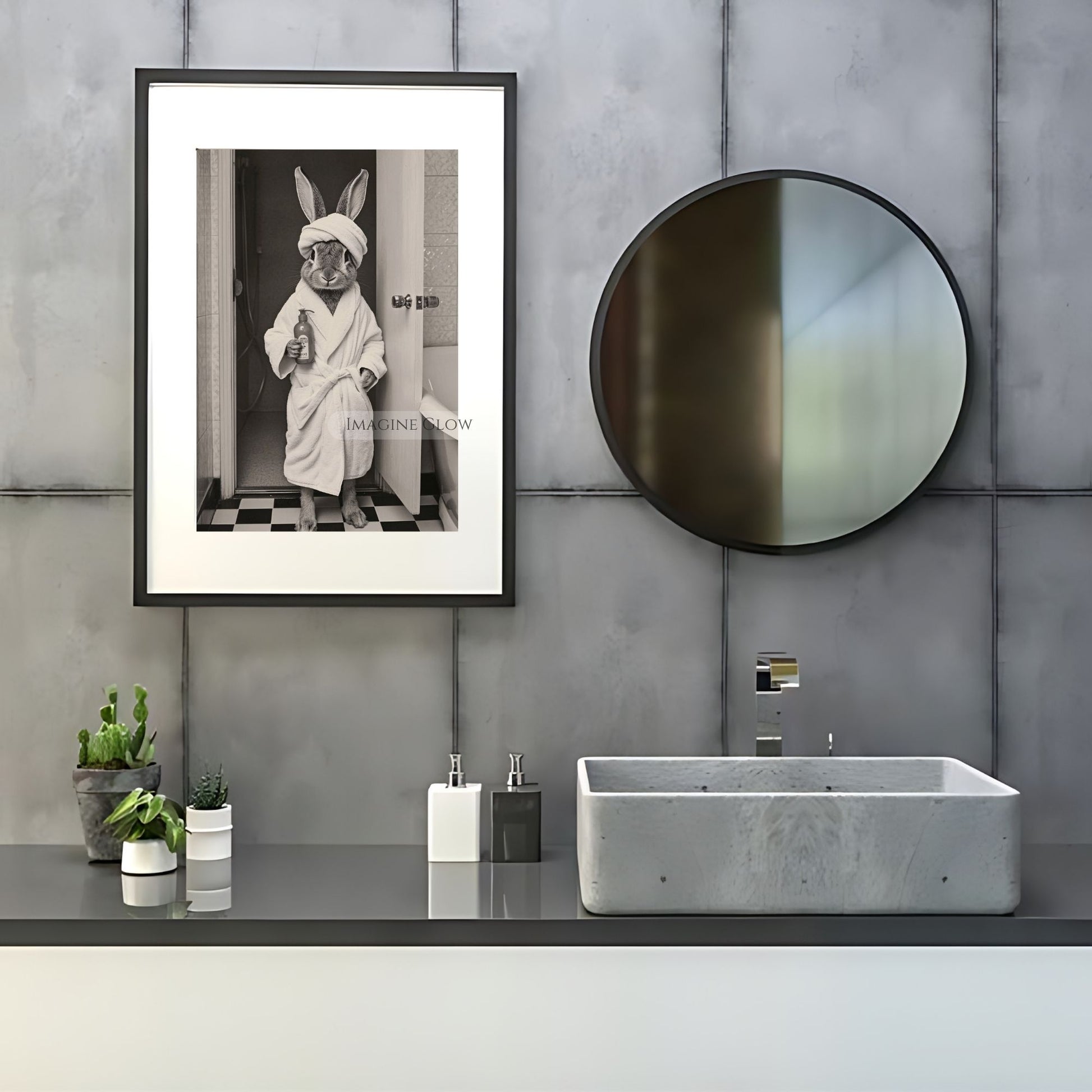 Playful rabbit holding soap bottle bathroom art
